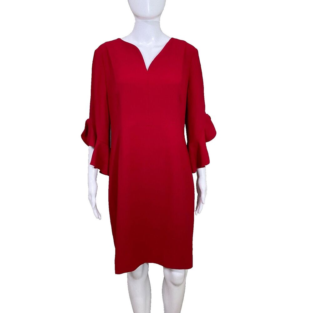 ELIE TAHARI Natanya Crepe Sheath Dress Size 10 Red flutter sleeves career party